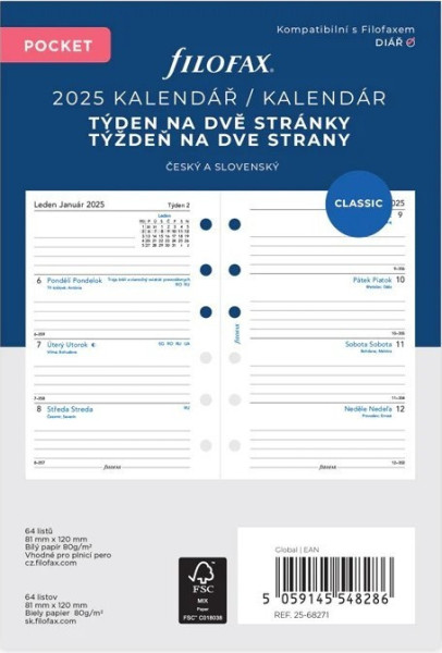 Náhradní náplň A7 týdenní filofax/diář/6dír